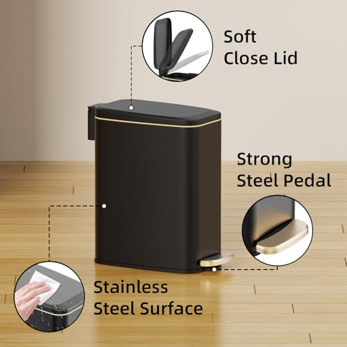 KSSKSS Small Bathroom Trash Can with Lid Soft Close, Step Pedal, 6L / 1.6 Gal Stainless Steel Garbage Bin with Removable Inner Bucket, Slim Wastebasket for Narrow Spaces (Black)