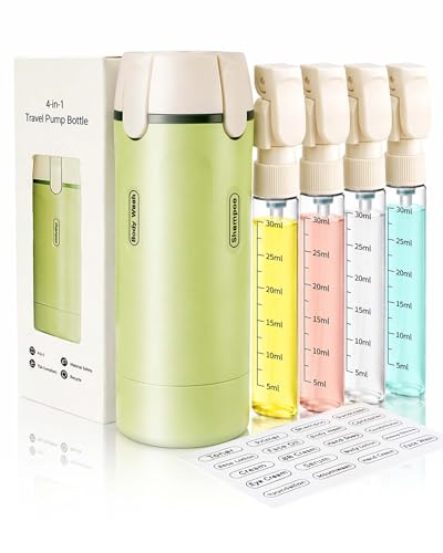4 in 1 Travel Dispenser Bottle, TSA Approved Leak Proof Refillable Toiletry Containers for Shampoo, Conditioner, Lotion & Skincare – Easy Clean Travel Bottles for Gym, Business
