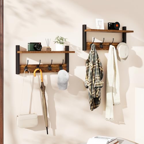 YMYNY Coat Rack Wall Mount with Shelf and Hooks, Rustic Brown UHWS001H-2 | 2 Pack Wooden Wall Mounted Coat Hanger with Shelf and 8 Double Hooks, Wall Coat Rack for Entryway Hallway Bedroom Bathroom