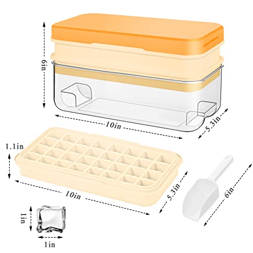 Ice Cube Tray with Lid and Bin, 64 pcs Ice Tray Kit with Ice Scoop, Ice Cube Pop Out Tray, Ice Cube Trays for Freezer, Ice Cube Molds, BPA Free, Easy Release Stackble Spill-Resistant ZZWILLB (Orange)