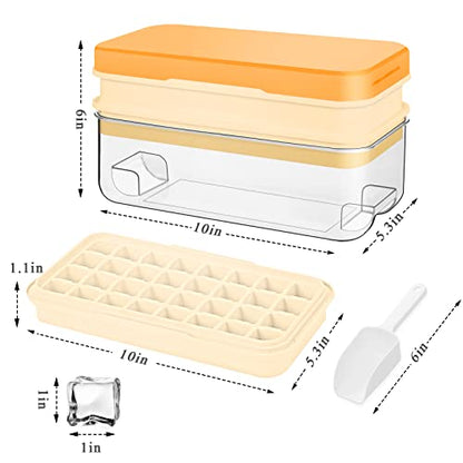Ice Cube Tray with Lid and Bin, 64 pcs Ice Tray Kit with Ice Scoop, Ice Cube Pop Out Tray, Ice Cube Trays for Freezer, Ice Cube Molds, BPA Free, Easy Release Stackble Spill-Resistant ZZWILLB (Orange)