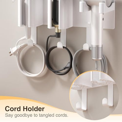 Hair Tool Organizer Wall Mount, Hair Dryer & Curling Iron Storage | 3-Compartment Blow Dryer and Straightener Holder, Screw Mounting, Aluminum Alloy & ABS, White (Hair Tools Not Included)