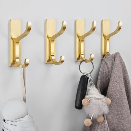 Adhesive Wall Hooks for Towel/Coat,13Lb Strong Stick-On Hooks, Gold 4 Pack | Hooks for Walls No Damage, Hooks Hanging Heavy Duty, Peel and Stick Hooks for Closet, Door, Bathroom, for Purse, Bag, Cloth