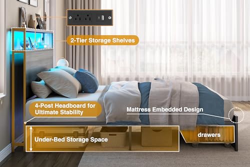 PHGLL Queen Bed Frame with 2-Layer Storage Headboard, Platform Metal Bed Frame with 2 Storage Drawers & 20W Fast-Charging Station & LED, Noise-Free, No Box Spring Needed, Easy Assembly, Rustic Grey