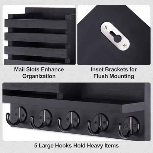 Lwenki Key Holder for Wall – Decorative Wooden Mail Holder and Key Shelf with Mounting Hardware, Installation Guide – Paulownia Wood with Metal Key Hooks (Black, Large - 11.8inch)
