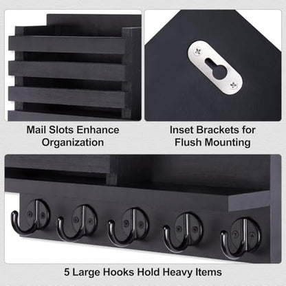 Lwenki Key Holder for Wall – Decorative Wooden Mail Holder and Key Shelf with Mounting Hardware, Installation Guide – Paulownia Wood with Metal Key Hooks (Black, Large - 11.8inch)