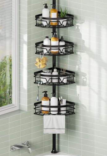 Corner Shower Caddy Tension Pole, Fan-Shaped Large... (Black | Stainless Steel)