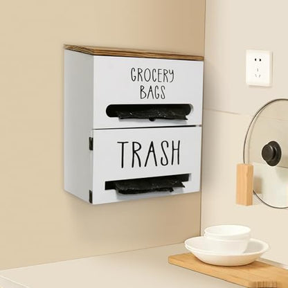 2 in 1 Trash Bag Dispenser, Double Wall Mounted,Wood Trash Bag Holder, used in kitchen, garage, laundry room, can store Environmentally friendly food bags and garbage bags (White)