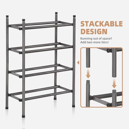 STORAGE MANIAC Expandable Shoe Rack for Closet, 8 Pairs Stackable Small Shoe Rack, Metal Adjustable Shoes Organizer for Entryway, Hallway, Garage, Front Door, Shoes Shelves, Black 2 Tier