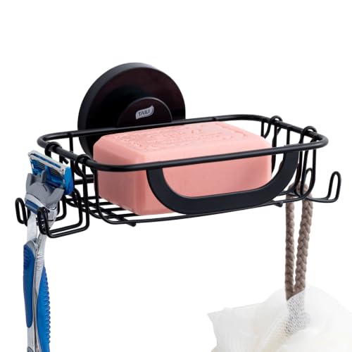 Soap Holder, Soap Dish Suction Cup with Hooks, Sta... (Black | Stainless Steel)
