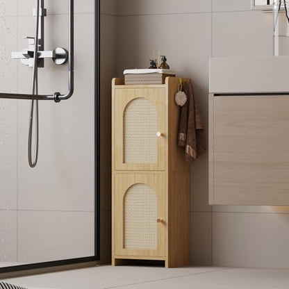 Arbuxzuy Rattan Bathroom Storage Cabinet with 2 Doors and Adjustable Shelf | Oak Corner Floor Cabinet, Narrow Toilet Paper Cabinets with 2Hooks, Toilet Organizer for Small Spaces, 7.87"D*9.84"W*29.72"H