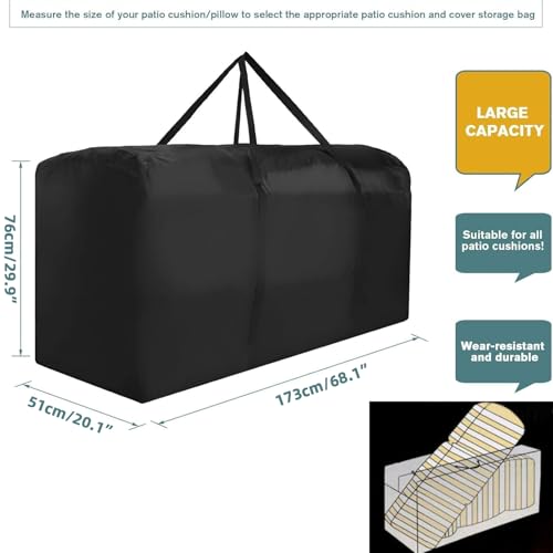 68" Extra Large Waterproof Outdoor Cushion Storage Bag – Heavy Duty Patio Furniture Cover with Zipper,Handles for Pool Decor,Christmas Tree Storage & Moving (173x76x51cm) (Black)