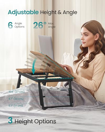 SONGMICS Bed Laptop Desk, Folding Bed Tray, Adjustable Angle and Height | Folding Bed Tray for Laptop up to 15.6 Inches, Portable for Working Reading Writing Breakfast, Drawer, ULLD105B01