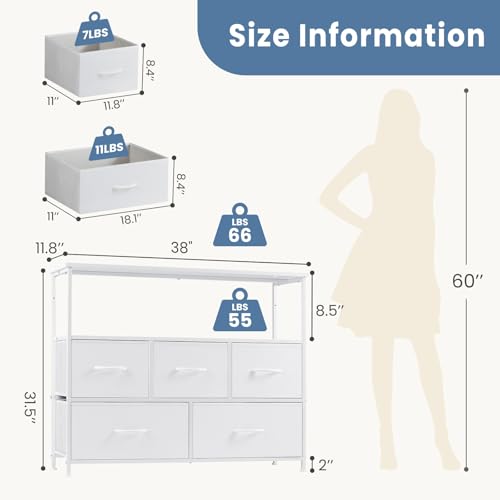 DUMOS TV Stand Dresser, Media Console, Storage Drawers | 5 Fabric Open Shelf, Compact Entertainment Unit for Bedroom, Living Space, Dorm Organization, White