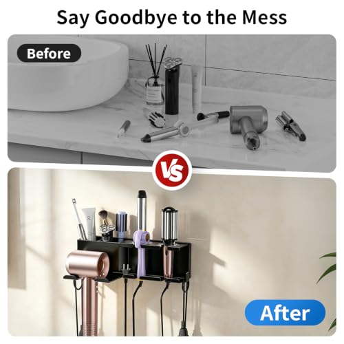 YSD Hair Dryer Holder Wall Mounted Metal Self Adhesive/Screw Organizer | 4 in 1 Hair Tool Organizer Blow Dryer Holder with Curling Iron and Straightener Holder for Bathroom, Black