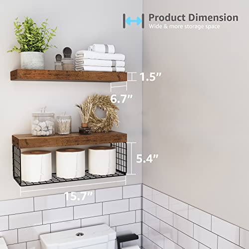 QEEIG Bathroom Shelves Over Toilet - Wall Mounted Floating Shelves Toilet Paper Storage Small Farmhouse Decor Shelf 16 inch Set of 2, Rustic Brown (019-BN2)