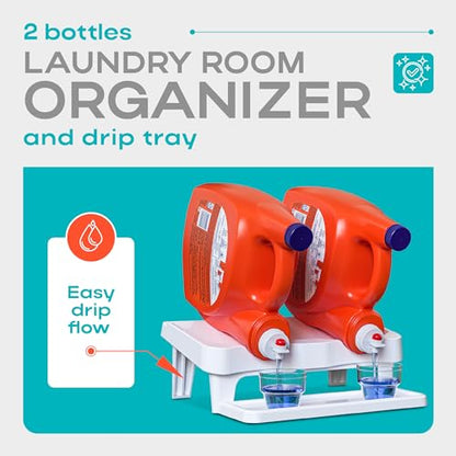 Skywin Laundry Detergent Holder Shelf for Laundry Room - 1 Pack - White | Holds 2 Bottles, Easy Pouring, Rubber Feet, Angled Stand, Fabric Softener Dispenser for Laundry Room Organization & Storage
