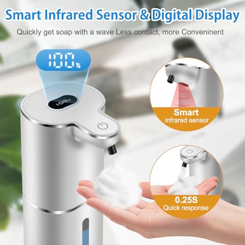 Automatic Foaming Soap Dispenser with Digital Display, 6-Level Foam Adjustable, Rechargeable, 12.8oz/ 380ml Wall Mounted Touchless Hands Free Auto Dispenser for Kitchen, Bathroom, Hotel, Restaurant