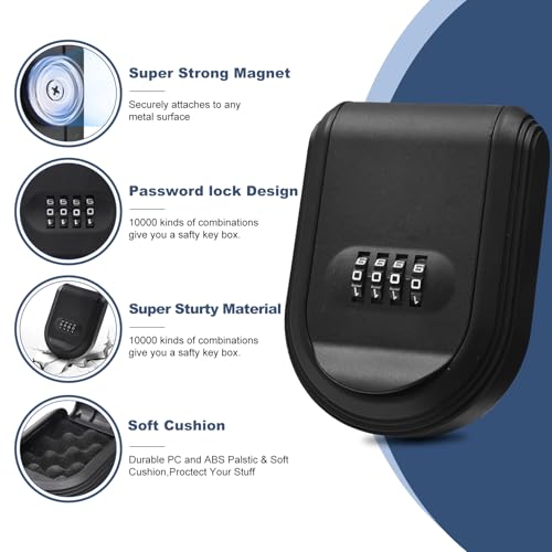 Magnetic Key Box for Under Car with Combination Lock Hidden Key Holder for Outside Storage Sparekey Outdoor (1, Black)