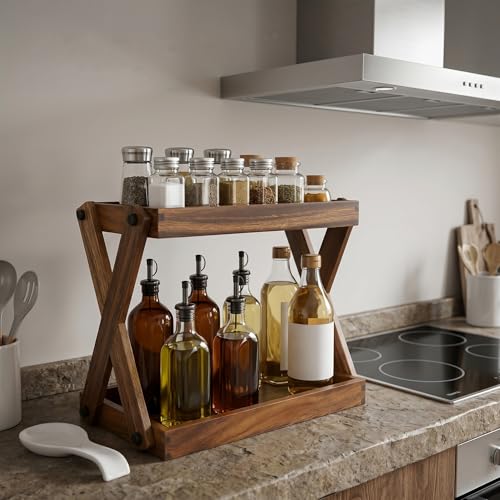 Wood Countertop Shelf Organizer, 2 Tier Wooden Shelf for Coffee Bar Accessories, Kitchen Spice Rack Organizer, Condiment Storage Caddy for Home, Office, Bathroom counter