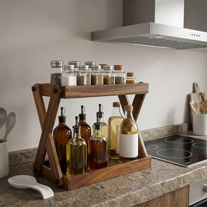 Wood Countertop Shelf Organizer, 2 Tier Wooden Shelf for Coffee Bar Accessories, Kitchen Spice Rack Organizer, Condiment Storage Caddy for Home, Office, Bathroom counter