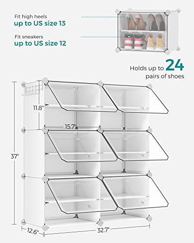 SONGMICS Shoe Rack Organizer, 6-Tier Shoe Storage Cabinet for Closet and Entryway, Holds 24 Pairs of Shoes, Adjustable, Cloud White and Transparent ULPC033W01