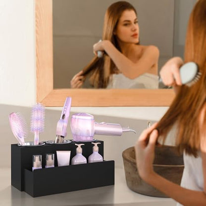 Matte Black Countertop Hair Tool Organizer for Vanity | Stainless Heat Insulated Cups, Detachable Drawer, Stores Hot Styling Tools, Hair Dryer & Curling Irons