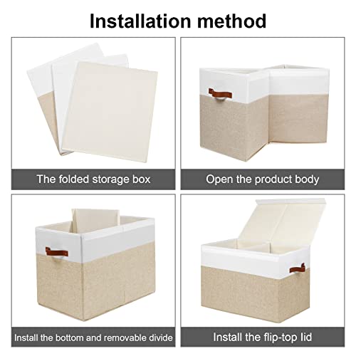 Large Toy Storage Box with Lid, Toy Chest Bin Boxes Basket with Dividers | Sturdy Toy Organizer Bin for Kids, Boys, Girls, Nursery, Living Room, Bedroom, Playroom 25"x13" x16" (Beige and White)