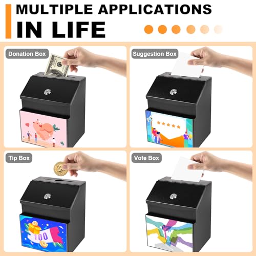 Suggestion Boxes with Magnetic Sign Holder, Metal Donation Boxes | Wall Mounted Ballot for Fundraising and 50 Free Suggestion Cards, with 2 Keys 8.4 x 5.8 x 7.0 inch,Black