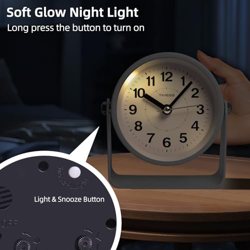 Analog Alarm Clock with Snooze & Light, Silent Non-Ticking, White | On-demand light, quartz movement, battery operated, easy to set, gentle wake alarm, bedside clock for home, travel, or office