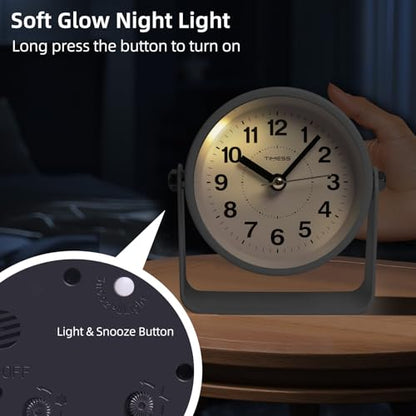 Analog Alarm Clock with Snooze & Light, Silent Non-Ticking, White | On-demand light, quartz movement, battery operated, easy to set, gentle wake alarm, bedside clock for home, travel, or office