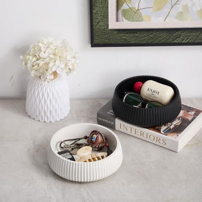 Concrete Key Bowl for Entryway Table, 7" Key Holder Bowl for Keys, Black | Charcoal Black - Handcrafted - Solid Concrete - Smooth Matte Finish - Fluted Design - Minimalist & Organic Modern Home Decor