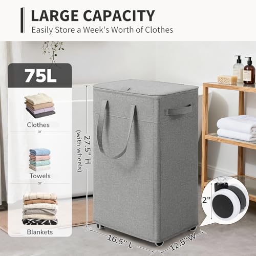 Goodpick 75L Rolling Laundry Hamper with Removable Wash Bag, Grey | 16.5 × 12.5 × 27.5 in, Reinforced Handles, Collapsible Design, Bathroom & Dorm Organization, Clothes & Blankets Storage