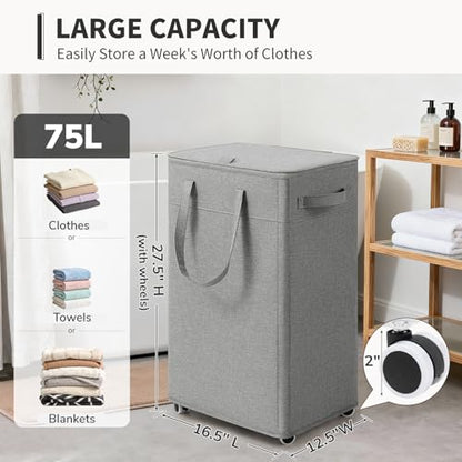 Goodpick 75L Rolling Laundry Hamper with Removable Wash Bag, Grey | 16.5 × 12.5 × 27.5 in, Reinforced Handles, Collapsible Design, Bathroom & Dorm Organization, Clothes & Blankets Storage
