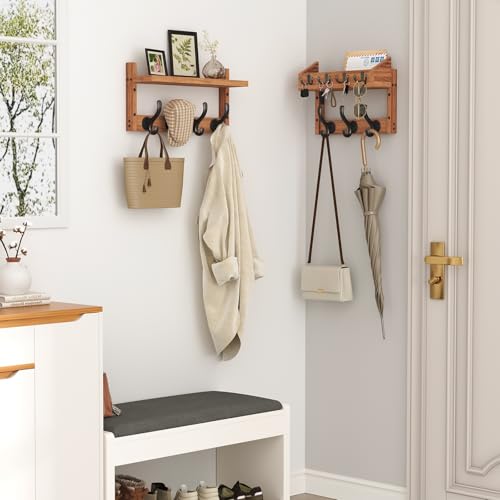 Evermagin 29" Coat Rack Wall Mount with Shelf & 11 Hooks, Entryway, Brown | Wooden Wall Mounted Coat and Key Rack with Hooks, Key Hanger with Mail Holder for Living Room, Mudroom, Bedroom