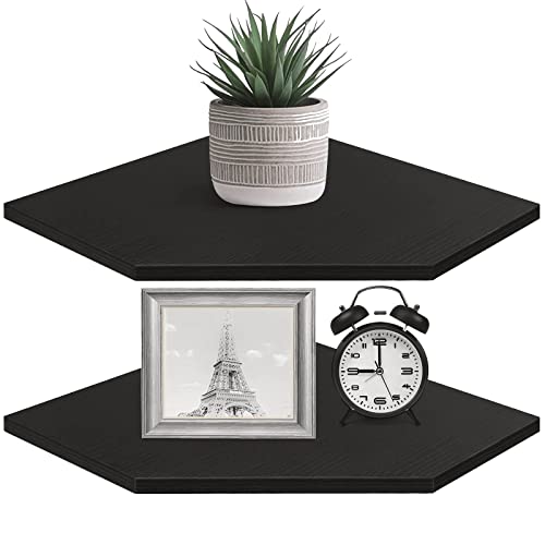 Corner Shelf Wall Mount, Set of 2 Corner Floating... (Black | Wood)