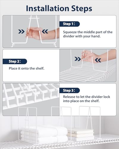 8 Pack Wire Shelf Dividers for Closet, 12 x 12in, Bright White | Rust-Resistant Coated Metal Dividers, Install Tool-Free, Closet Shelf Divider for Wire Shelves and Storage