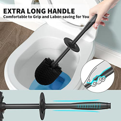 Toilet Brush and Holder 2 Pack, Toilet Bowl Brush with Extra Long Handle, Toilet Scrubber and Covered Holder, Toilet Brushes for Bathroom-Space Saving, Covered Brush, Durable, Deep Cleaning(Black)
