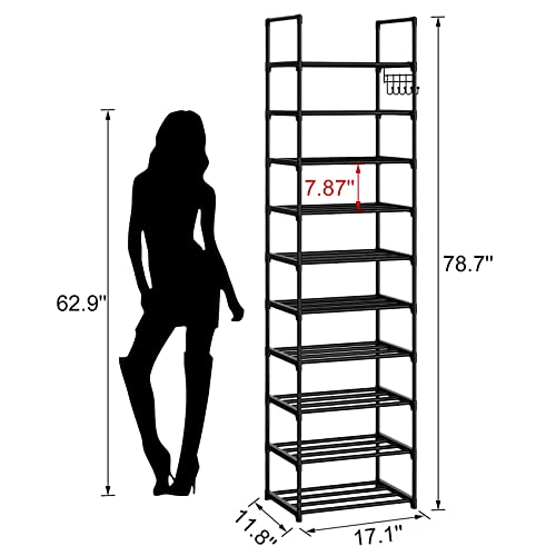 Narrow Shoe Rack 10 Tiers Tall Shoe Rack for Entryway Closet 20 24 Pairs Shoe & Boots Organizer Storage Shelf Durable Black Metal Stackable Shoe Cabinet with Hooks, 17.1D x 11.8W x 78.7H in
