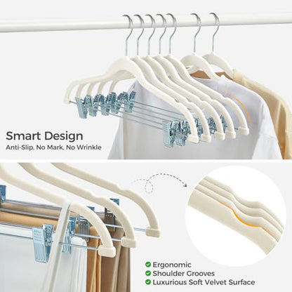 HOUSE DAY Velvet Skirt Hangers with Adjudtable Clips 10 Pack, Ivory | Non Slip Suit Organizer with 360° Hook, Heavy Duty Hanger for Pants, Skirts, Shorts, Outfit Hangers All-Season Space Saver