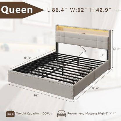 Forestell Queen Bed Frame with 4 Drawers & Storage Headboard, Beige