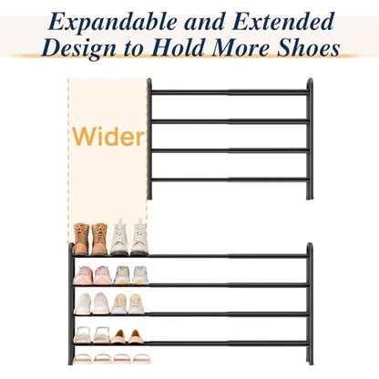 ENJOYBASICS 4 Tier Expandable Shoe Rack, Metal Small Shoes Shelf, Black | Free Standing Shoe Holder for 24 Pairs, Sturdy Shoe Organizer for Closet, Entryway, Under Bed ,Front Door, Bedroom