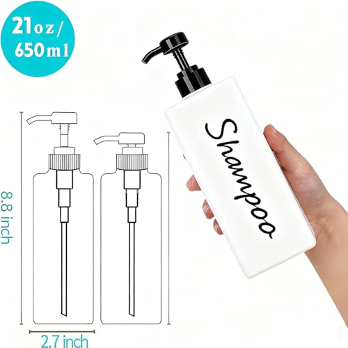 Shampoo and Conditioner Dispenser (Set of 3, 21oz) Modern Refillable Shampoo Pump Bottles for Shower Soap - Empty Body Wash Dispenser Set for Bathroom