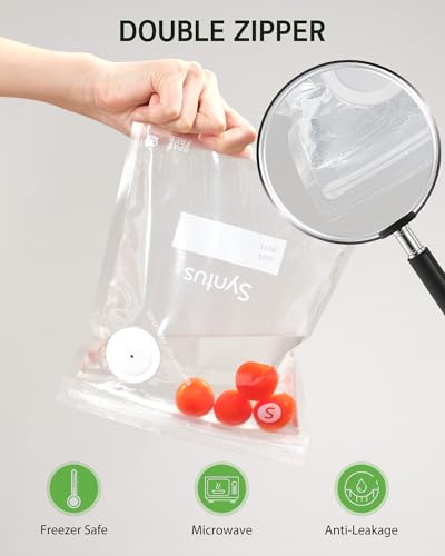 Syntus 60 Pcs Reusable Vacuum Sealer Bags for Food, S+M+L | 8x10+10x13.8+11.8x13.8, Upgraded Air Valve, Microwave Freezer Sous Vide, Food Storage, Leak-Proof, for Compact Vacuum Sealer