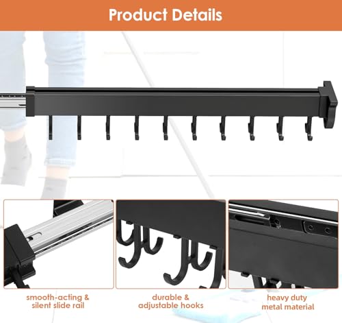 Pull-out Mop and Broom Holder with 20 Sliding Hooks | Slide Broom Closet Organizer, Sliding Garage Storage Rack, For Home Kitchen Wardrobe Closet Laundry Cupboard