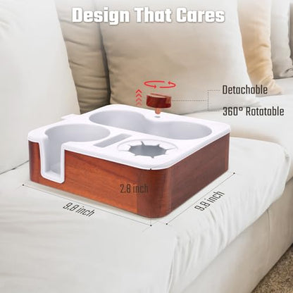 Couch Cup Holder Tray, Real Acacia Wooden Caddy with Soft Silicone, Snack and Drink Organizer- Perfect Movie Night Accessories for Bed, Remote and Cup Holders for Sofa (White)