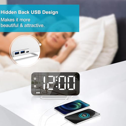 Slim LED Digital Alarm Clock, Mirror Surface for Makeup, with Diming, Large Display, Easy Setting, USB Charger Ports, Modern Bedroom, Desk, Office Living Room Decor, Christmas Birthday for Women Girl