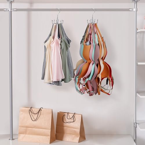 2 Pack Tank Top Hanger, Rotating Bra Organizer for Closet | Heavy-Duty Metal, Holds Up to 48 Garments, Sports Bras Holder with 16 Hooks Hanging Space-Saving Closet Organizer and Storage