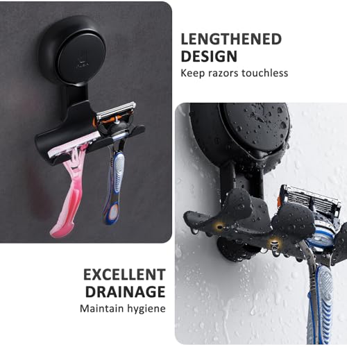 Razor Holder for Shower 2 Pack, Powerful Vacuum Suction Cup Hook for Towel, Loofah, Razor, Squeegee, Damage-Free Wall Shower Hook, Shaver Holder for Bathroom, Easy to Install and Reuse, Black