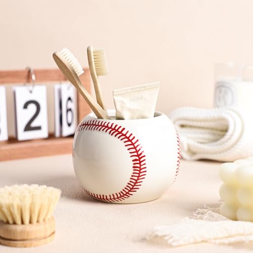 Gaolinci Baseball Shape Ceramic Toothbrush Holder, Bathroom Countertop Tumblers, Makeup Brush Storage